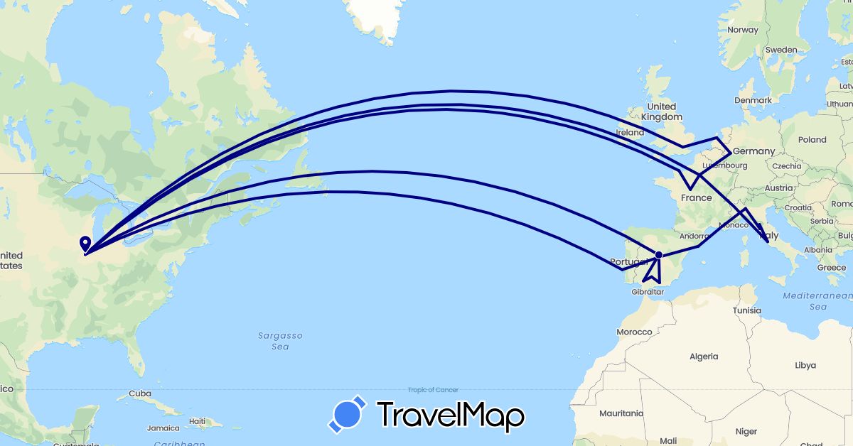 TravelMap itinerary: driving in Germany, Spain, France, United Kingdom, Italy, Netherlands, Portugal, United States (Europe, North America)
